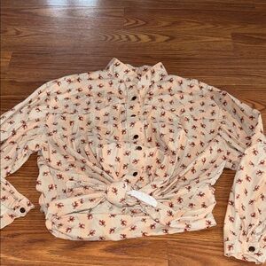 Vintage‎ Western Chic Floral Brass Snap Button-Down Shirt in Cream Size Large